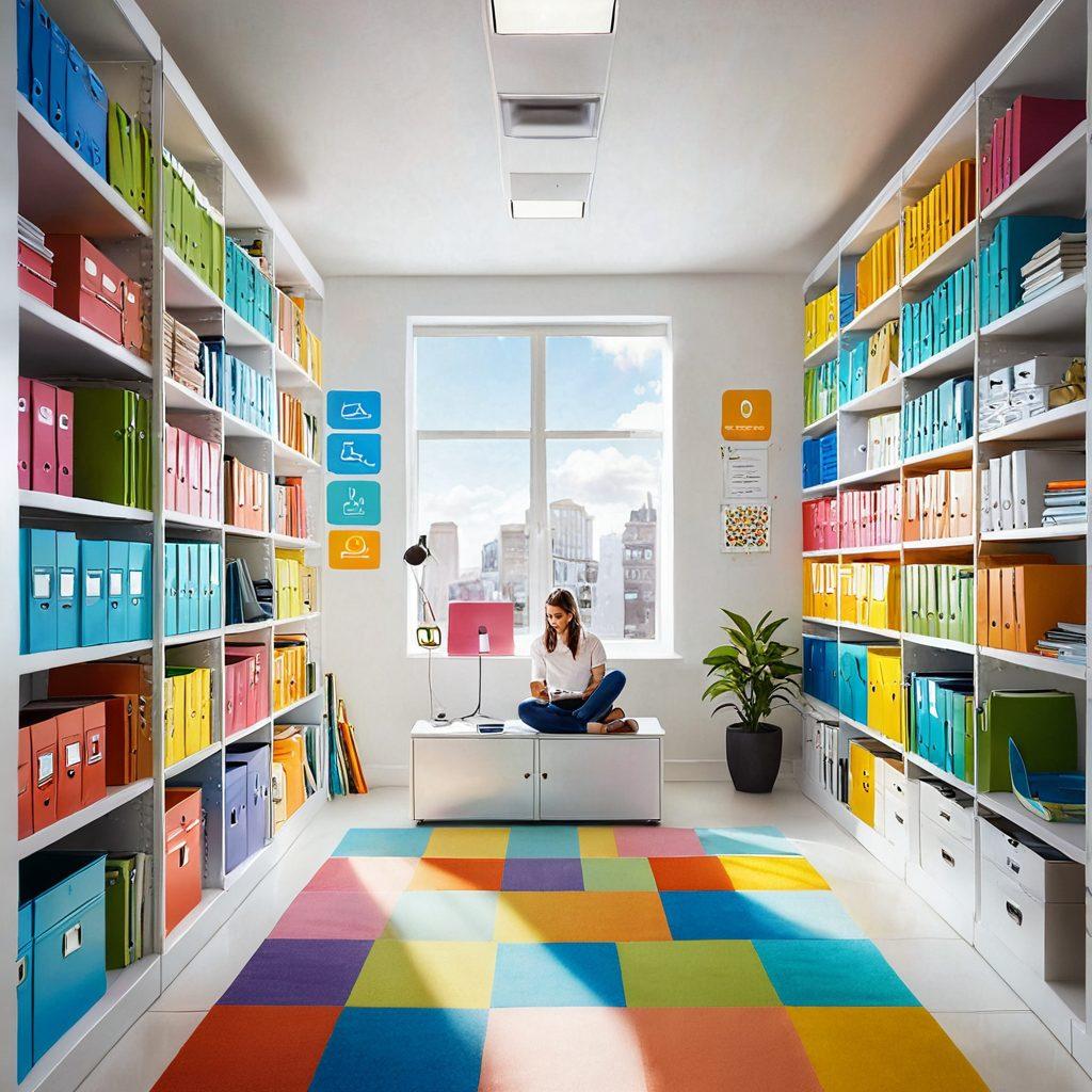 A bright and inviting digital storage room, featuring organized shelves filled with colorful, cheerful files and cloud storage icons. Soft rays of sunlight illuminate the space, symbolizing joy and ease of access. Smiling faces of diverse people enjoying their time while interacting with the files are scattered throughout the scene, promoting a sense of happiness in file storage. Playful, cartoonish style. vibrant colors. white background.