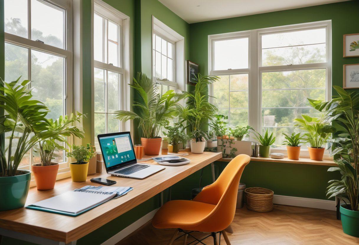 A vibrant workspace featuring a cheerful individual organizing files on a stylish desk, surrounded by colorful folders and digital devices displaying graphs of data security. There are elements representing joy, like a sun shining through the window and plants in bright pots. The scene should radiate positivity and efficiency in file management. super-realistic. vibrant colors. bright background.