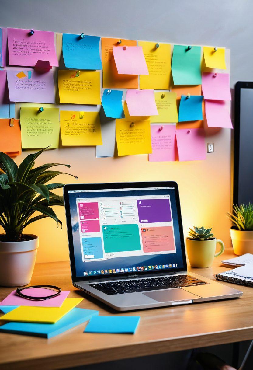 A serene digital workspace with a glowing laptop displaying organized folders, surrounded by vibrant sticky notes and a cozy coffee cup. Illustrate a calming atmosphere with soft lighting and floating icons symbolizing seamless file solutions, like clouds and checklists. Incorporate elements of joy, such as smiley faces and colorful charts, to represent happiness and productivity. super-realistic. vibrant colors. inviting ambiance.